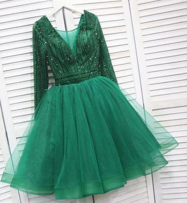 Green Long Sleeve Homecoming Dress, Tulle Short Prom Party Dress With Beading