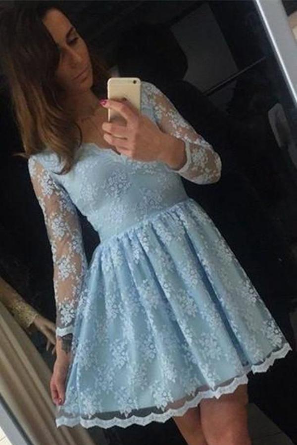 blue a-line v-neck long sleeve short lace homecoming dress dth152