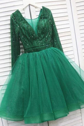 tulle short prom party dress with beading green long sleeve homecoming dress dth109