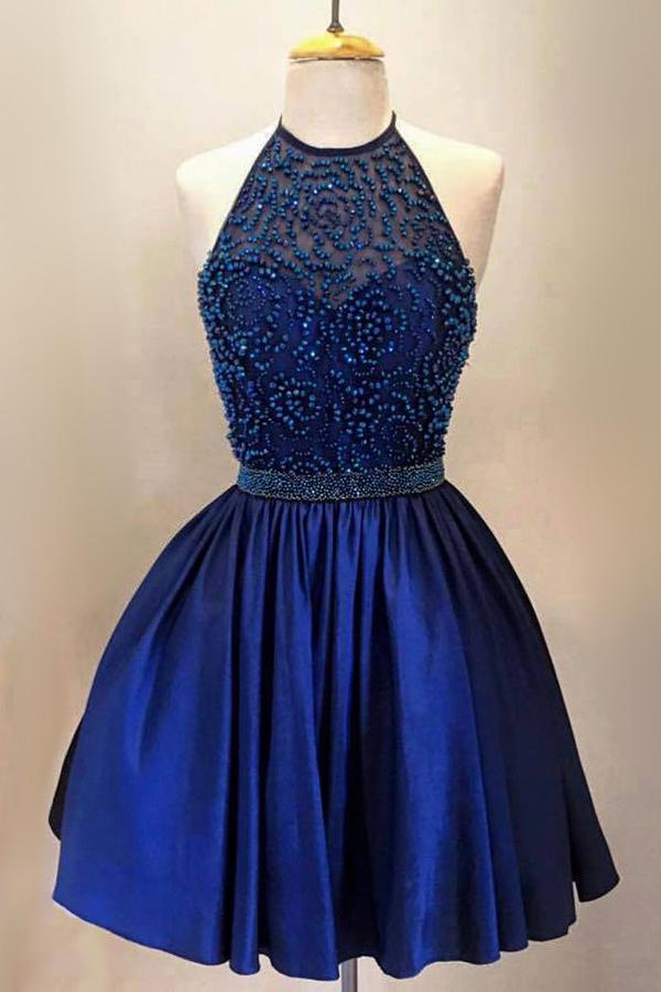 royal blue homecoming dress with beads halter satin short homecoming dress dth111