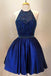 royal blue homecoming dress with beads halter satin short homecoming dress dth111