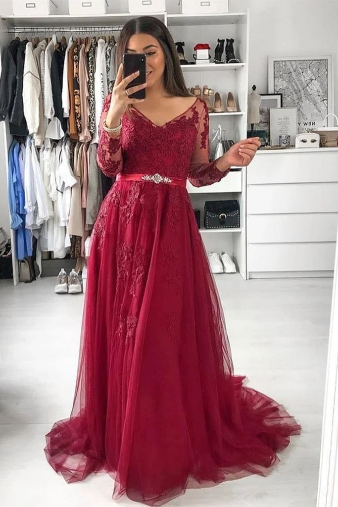 long sleeves a-line tulle burgundy prom dress with appliques dtp36