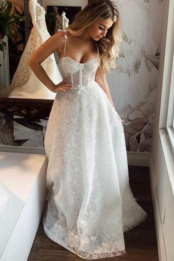 spaghetti-straps lace bridal gown sweetheart ivory lace wedding dress dtw56