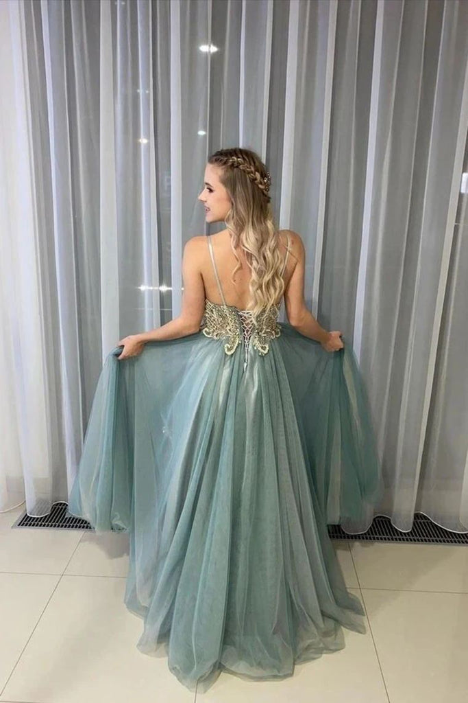 A-Line Tulle Long Prom Dress Beading Bodice With Spaghetti Straps