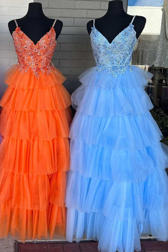 Lace Spaghetti-straps Multi-Tiered V-Neck Sleeveless Long Prom Evening Dresses