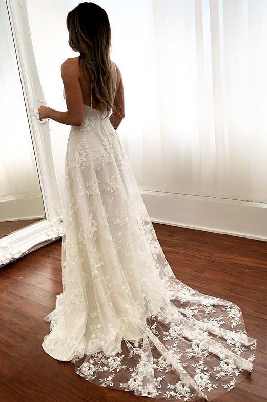 Lace Beach Wedding Dresses V-neck Backless Bridal Gown With Split