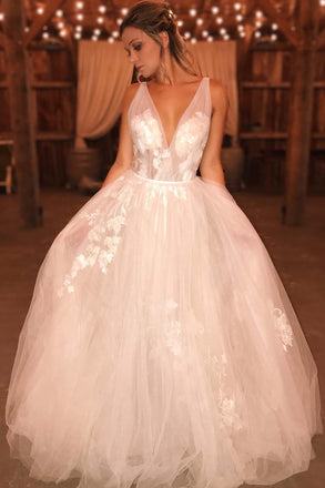 a-line v-neck boho sleeveless wedding dresses applique tulle bridal gown dtw390