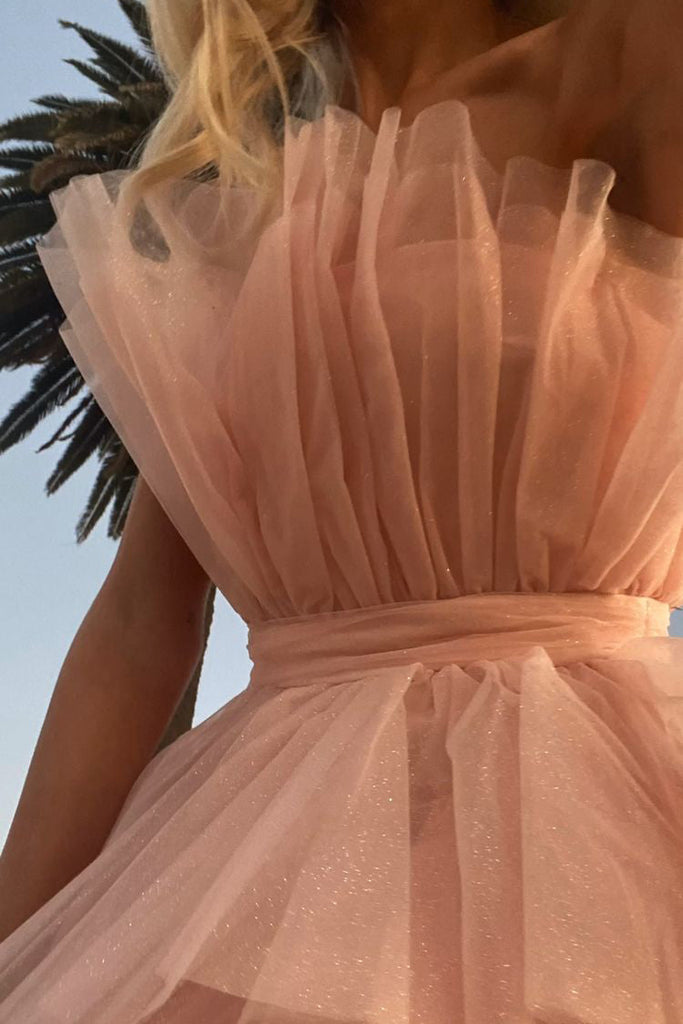 Sparkly Pink Strapless Tiered Tulle Homecoming Dress, A-line Short Party Dress
