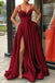 spaghetti straps evening gown with split burgundy long prom dress with pockets dtp85