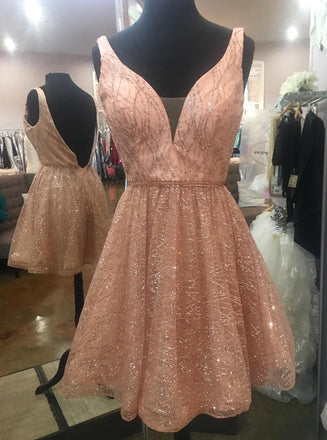 A-Line V-neck Backless Homecoming Dresses, Sequins Short Prom Dress