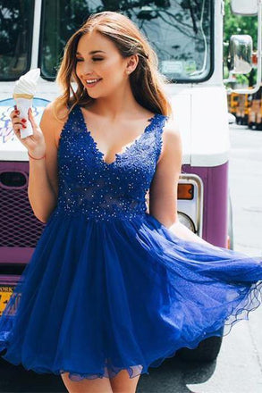royal blue v-neck short tulle plus size sleeveless prom dress dtp205