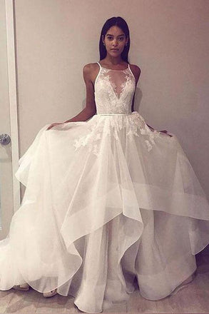 round neck tulle long prom dress open back wedding dress with lace dtw132