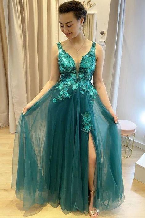 teal tulle long prom dress with appliques floor length evening dress dtp49