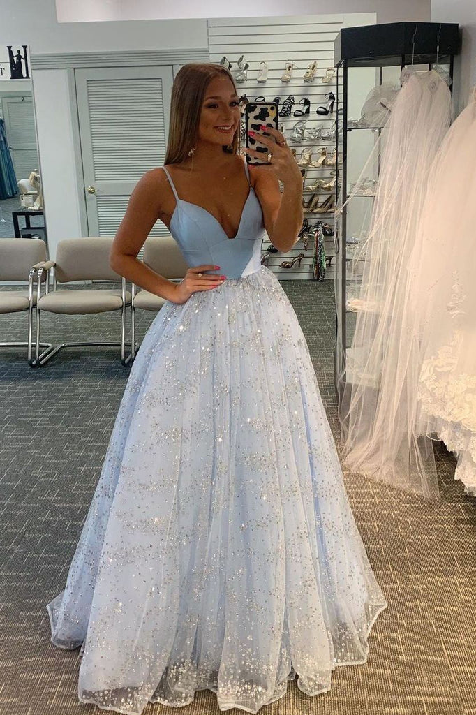Light Blue Sparkly Tulle Backless Long Prom Dress