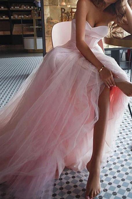 a-line pink long prom dresses strapless tulle evening dress dtp21