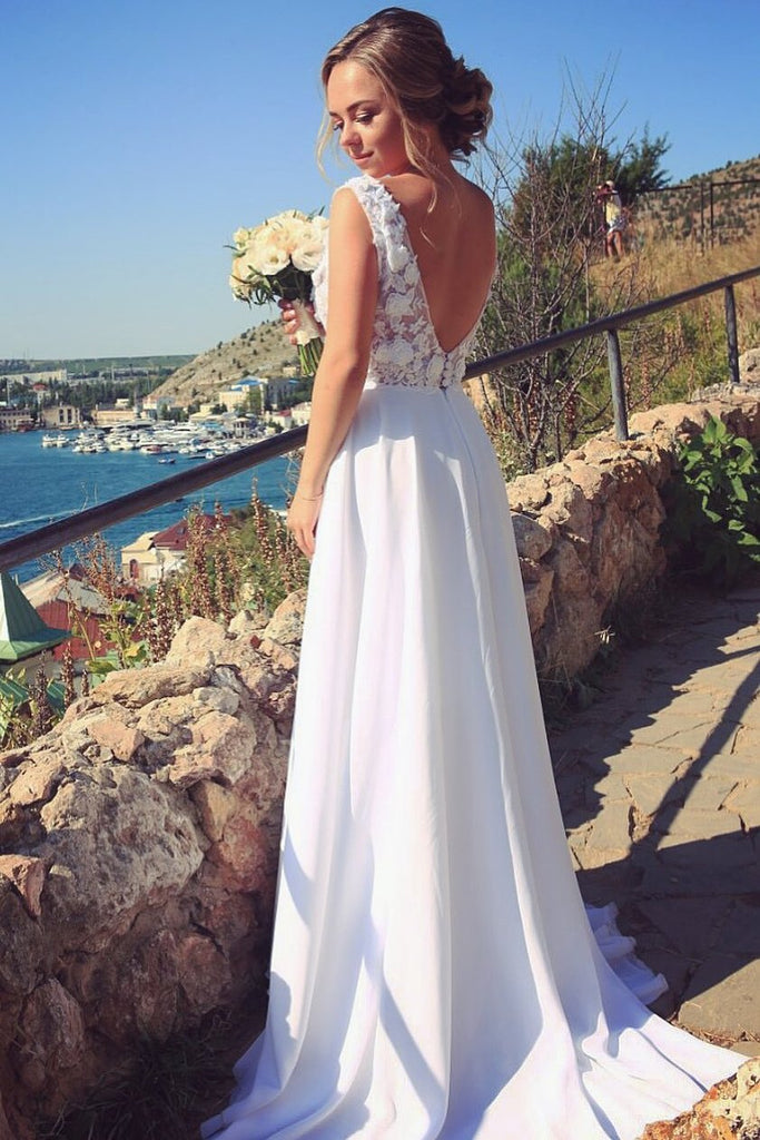 white a-line v-neck chiffon beach wedding dresses with appliques dtw328