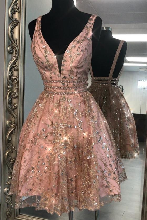 sparkly v-neck backless sequin beaded short prom homecoming dresses dth300