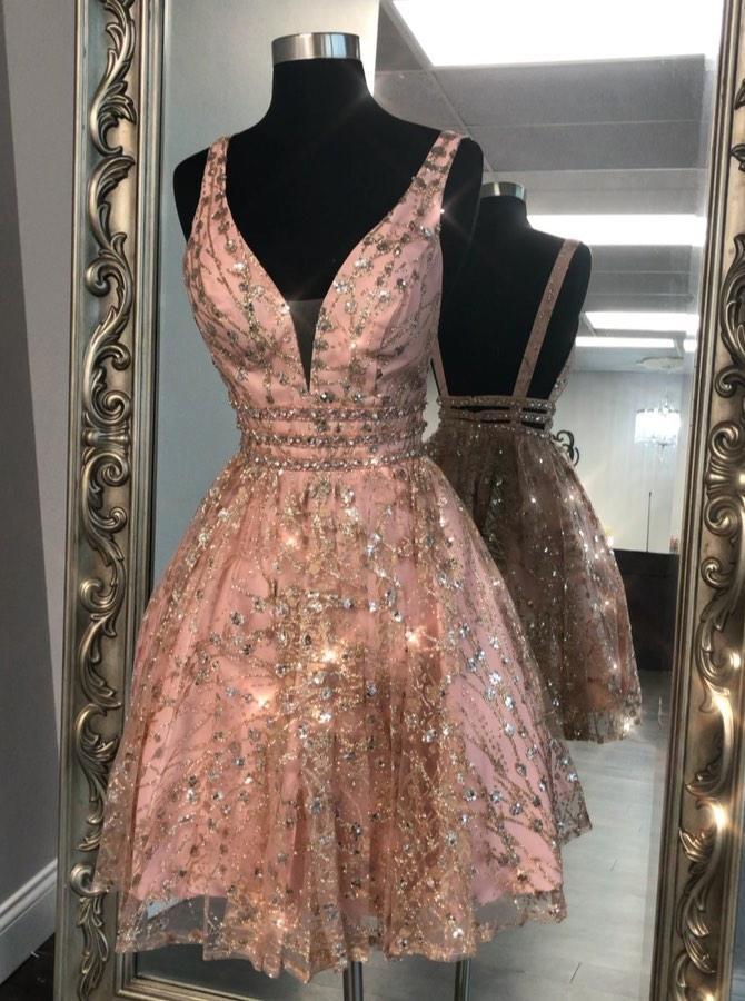 Sparkly V-neck Backless Sequin Beaded Short Prom Homecoming Dresses