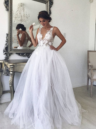 a-line v-neck boho wedding dresses white tulle beach bridal gown dtp408