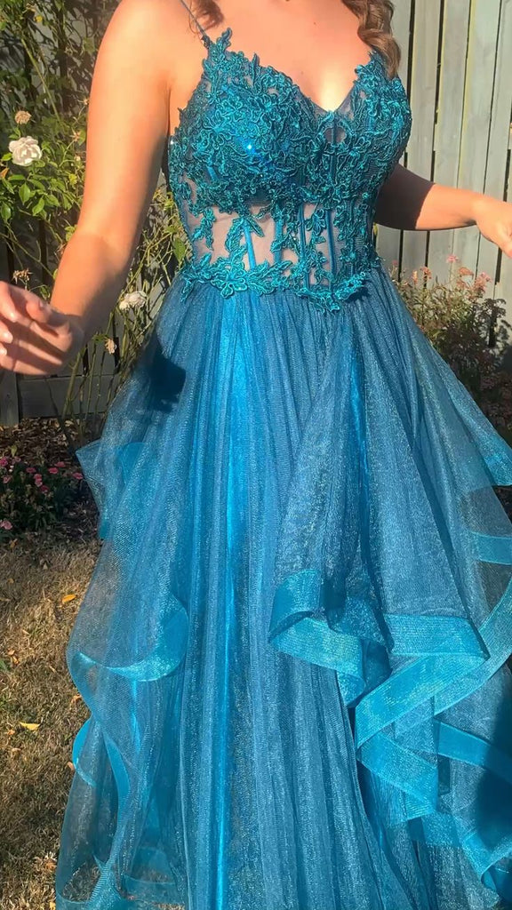 Long Prom Dress With Lace, A Line Spaghetti Straps V Neck Tulle Evening Dress