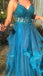 Long Prom Dress With Lace, A Line Spaghetti Straps V Neck Tulle Evening Dress