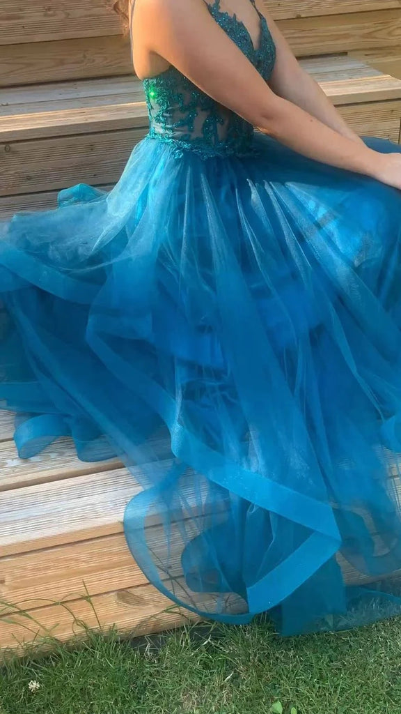 Long Prom Dress With Lace, A Line Spaghetti Straps V Neck Tulle Evening Dress