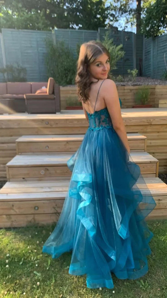Long Prom Dress With Lace, A Line Spaghetti Straps V Neck Tulle Evening Dress