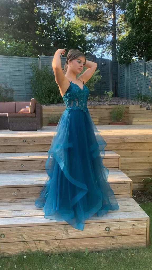Long Prom Dress With Lace, A Line Spaghetti Straps V Neck Tulle Evening Dress