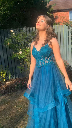 Long Prom Dress With Lace, A Line Spaghetti Straps V Neck Tulle Evening Dress