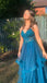 Long Prom Dress With Lace, A Line Spaghetti Straps V Neck Tulle Evening Dress
