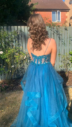 Long Prom Dress With Lace, A Line Spaghetti Straps V Neck Tulle Evening Dress