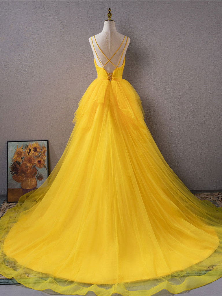 V Neck Yellow High Low Sleeveless Long Prom Dress With Beading