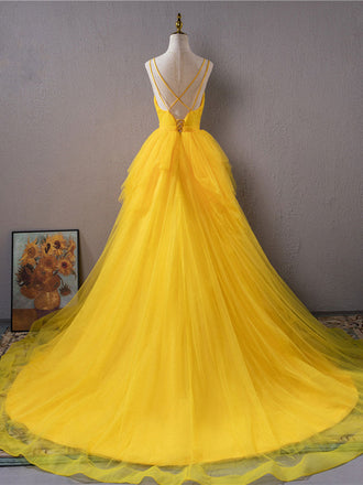 V Neck Yellow High Low Sleeveless Long Prom Dress With Beading