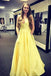 spaghetti straps v neck yellow prom dresses with beaded pockets dtp800