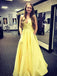 Spaghetti Straps V Neck Yellow Prom Dresses with Beaded Pockets