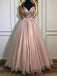 A-line V-neck Tulle Long Prom Dresses, Pearl Pink Appliques Formal Evening Dress