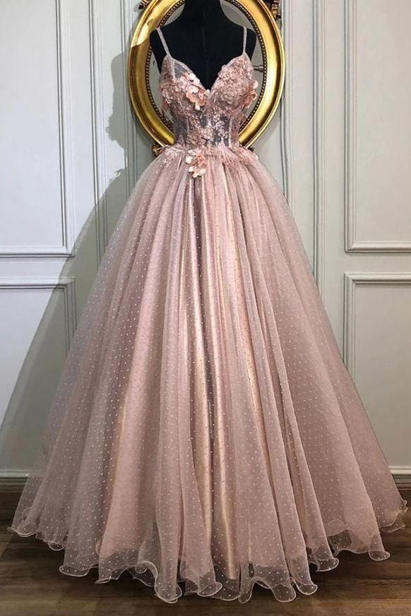 pearl pink appliques formal evening dress a-line v-neck tulle long prom dresses dtp1007