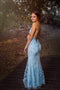 Mermaid Sky Blue Long Prom Dresses, V-neck Backless Long Evening Gowns
