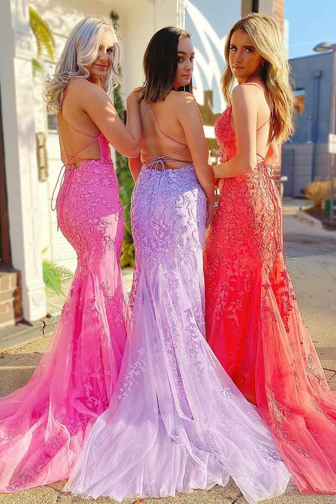 Sheath/Column Mermaid Criss Cross A-line Backless Lace Long Prom Dresses