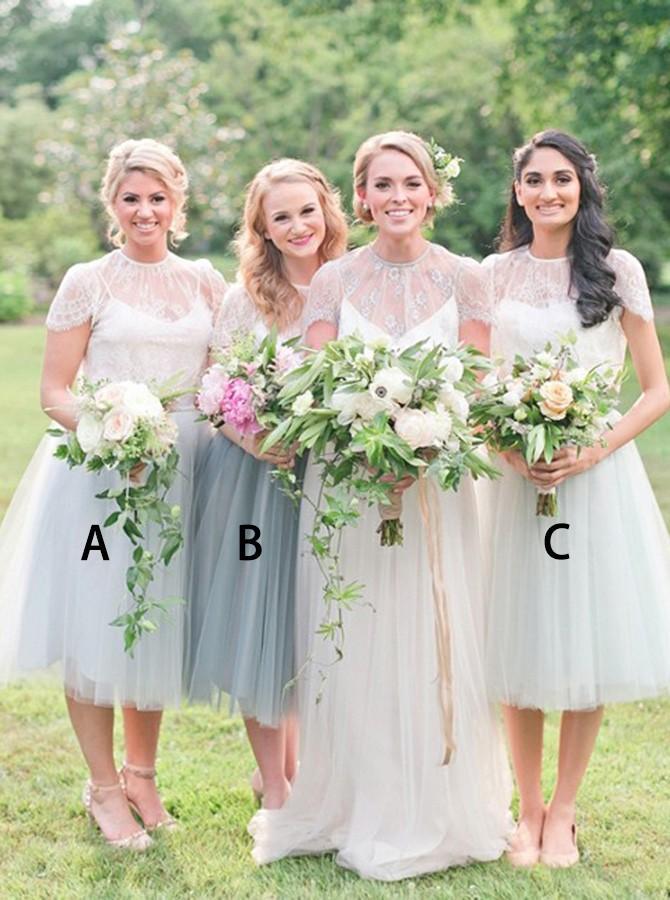 jewel tea-length cap sleeves tulle bridesmaid dresses with lace dtb220