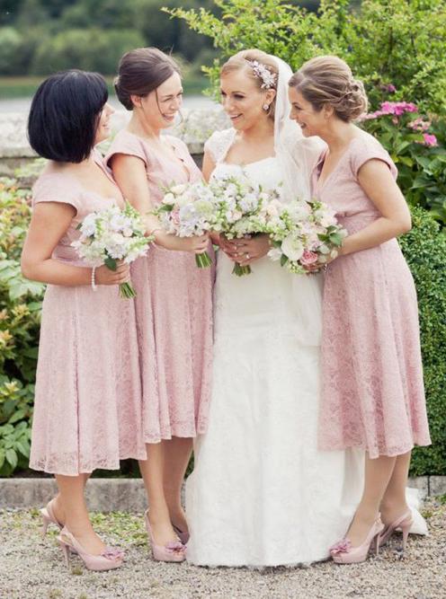 cap sleeves deep v-neck tea-length pink lace bridesmaid dresses dtb219