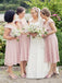 cap sleeves deep v-neck tea-length pink lace bridesmaid dresses dtb219