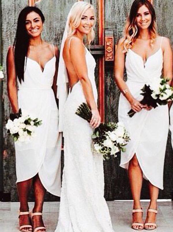sheath spaghetti straps asymmetrical white pleats bridesmaid dresses dtb222
