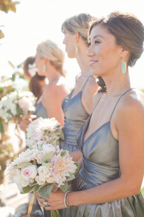 spaghetti straps v-neck satin long grey bridesmaid dresses dtb226