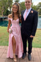 Pink Long Simple Prom Dresses, Off Shoulder Sleeveless Evening Dress With Split
