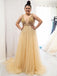 A-line V-neck Sequins Beaded Gold Plus Size Long Prom Dresses