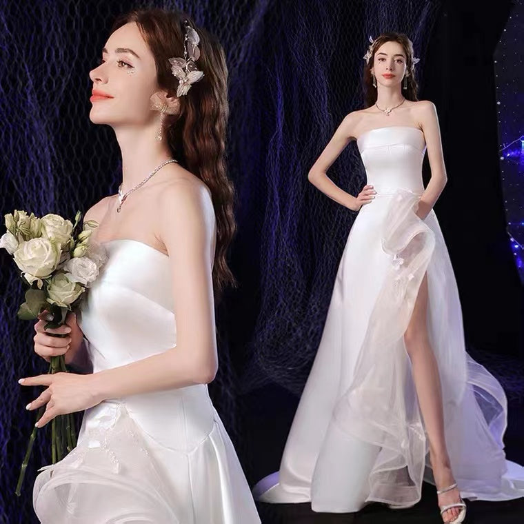 Strapless Ivory Satin Wedding Dresses With Sweep Train, A Line Bridal Gowns