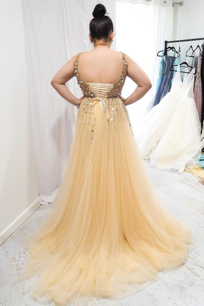a-line v-neck sequins beaded gold plus size long prom dresses dtp952