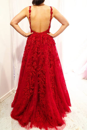 Backless Red Long Prom Dresses, V-neck Appliqued Sleeveless Evening Gowns