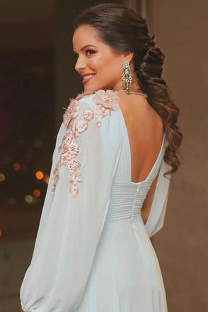 elegant light blue long puffy sleeves evening dresses chiffon prom dress dtp1014